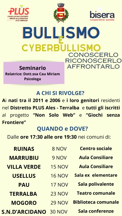 SEMINARIO SUL BULLISMO, CYBERBULLISMO E USO CONSAPEVOLE DI INTERNET RIVOLTO AI RAGAZZI DAI 12 AI 17 ANNI- PAU, SALA POLIVALENTE, VENERDI' 17 NOVEMBRE 2023  DALLE ORE 17.30 ALLE ORE 19.30