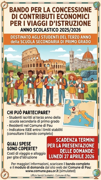 Concessione di contributi per i viaggi d'istruzione (A.S. 2025/2026) destinati agli studenti del terzo anno della scuola secondaria di primo grado