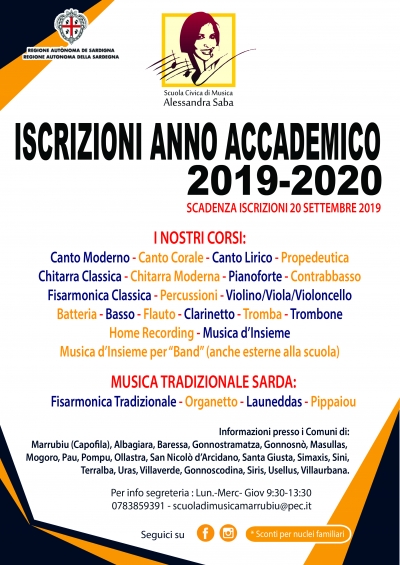 APERTURA TERMINI ISCRIZIONI SCUOLA CIVICA DI MUSICA A.A. 2019/2020