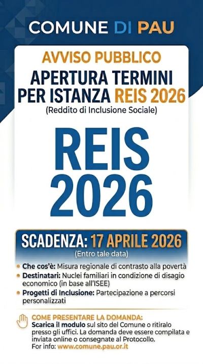 REIS  Reddito di Inclusione sociale  - Avviso Pubblico in favore di famiglie in condizione di fragilit&agrave; economica- Annualit&agrave; 2026 (periodo luglio 2026 &ndash; giugno 2027)